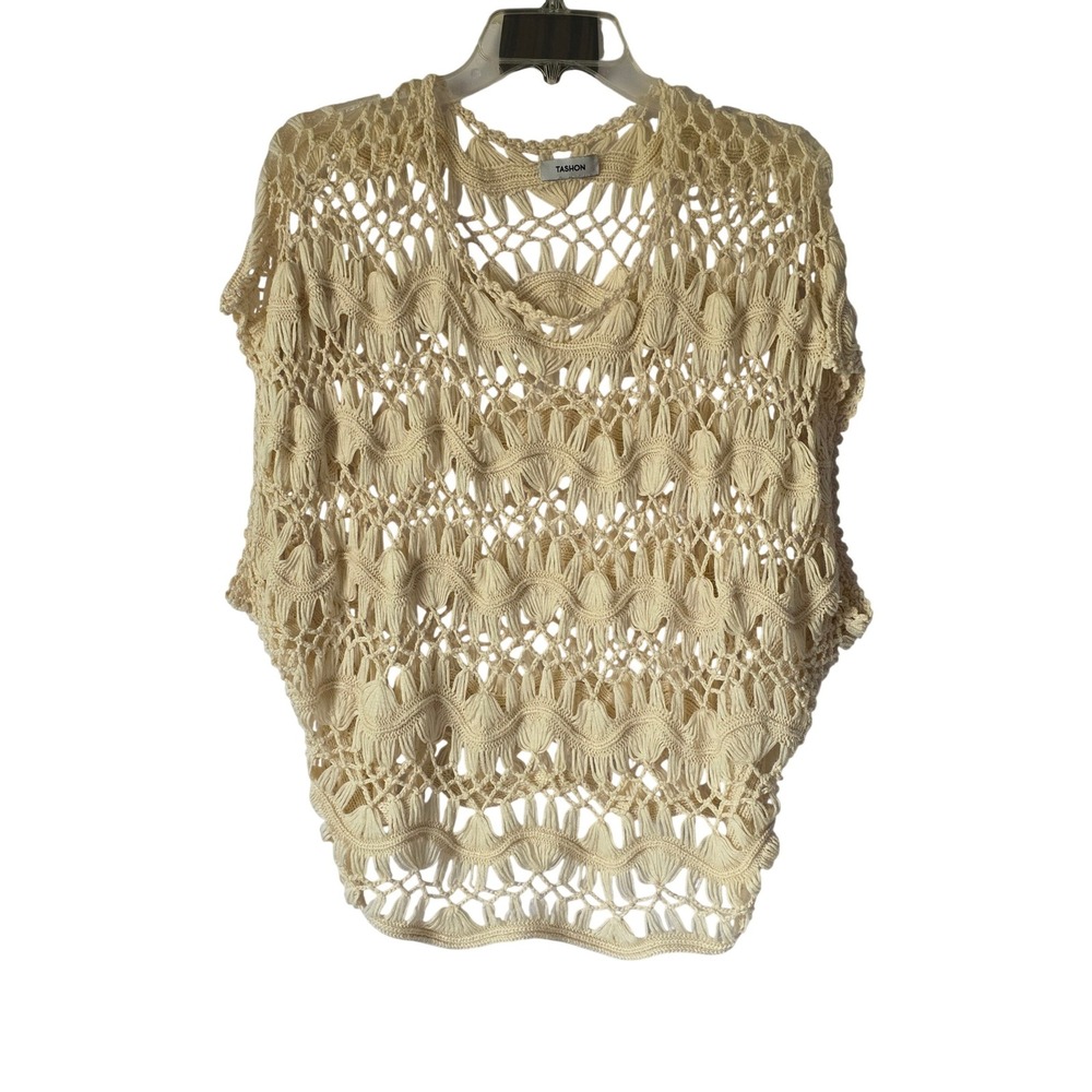 Tashon Cream Crochet Knit‎ Fringe Top Boho Festival Beach Cover Up